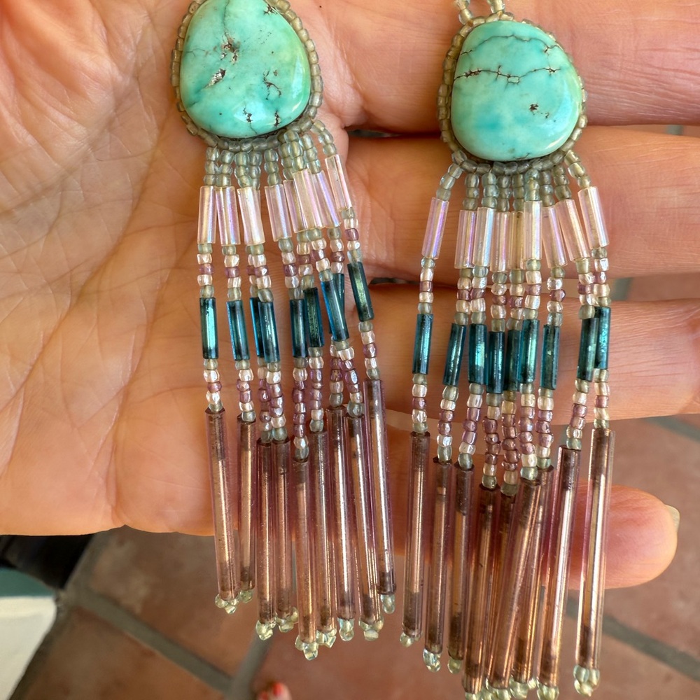 Native American Turquoise Cabochon Beaded Fringe Earrings